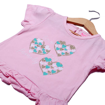 NEW PINK LOVE MY FAMILY HEARTS PRINTED T-SHIRT TOP FOR GIRLS